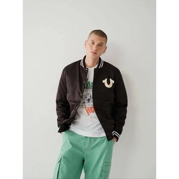 True Religion Jacket Mens 2XL Button Snap Satin Bomber Black Horseshoe Logo - Picture 2 of 16